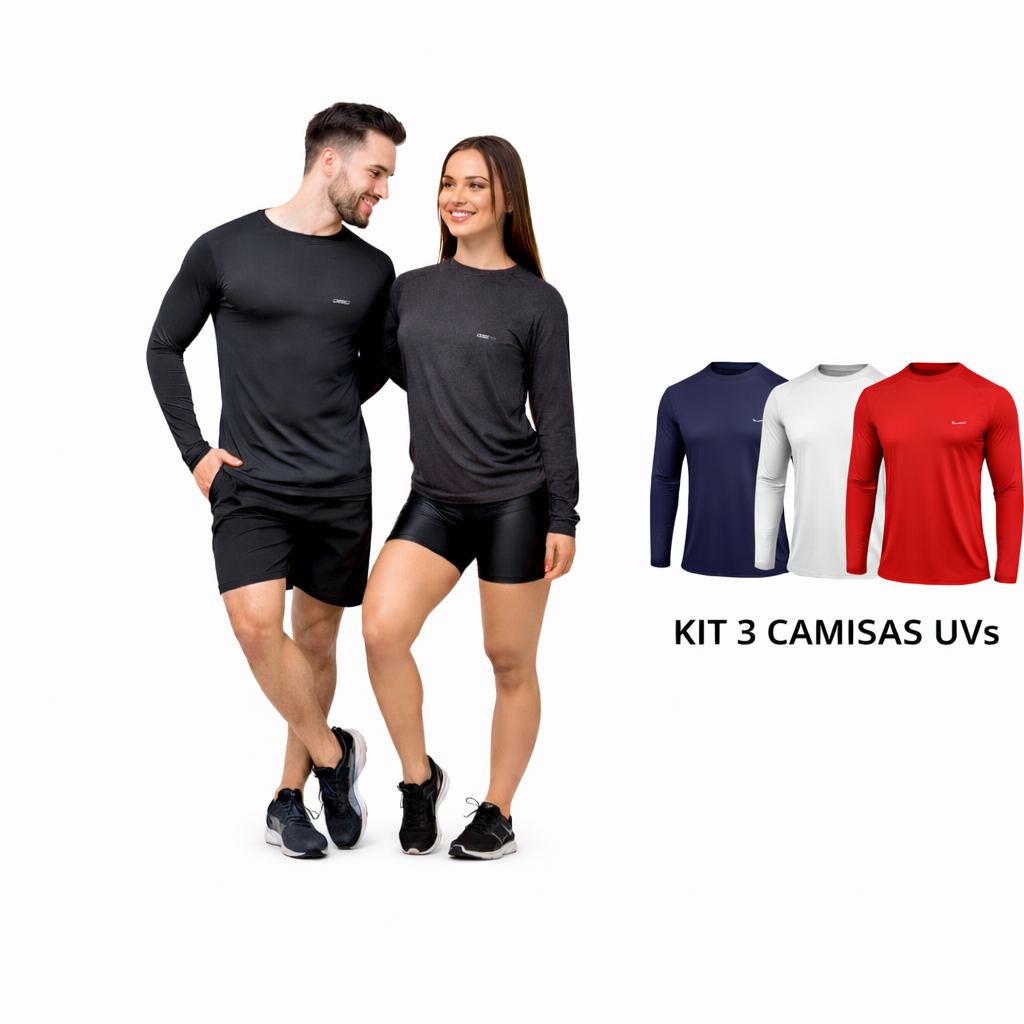 Kit 3 Camiseta UV Masculina/Unissex FPS50 Proteção Solar Segunda Pele Dry Fit Academia Praia Trabalho