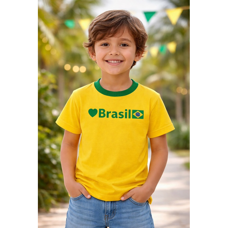 Camiseta Do Brasil Coração Infantil Unissex Estampa Em DTF Número 10 Atrás Malha 100% Algodão