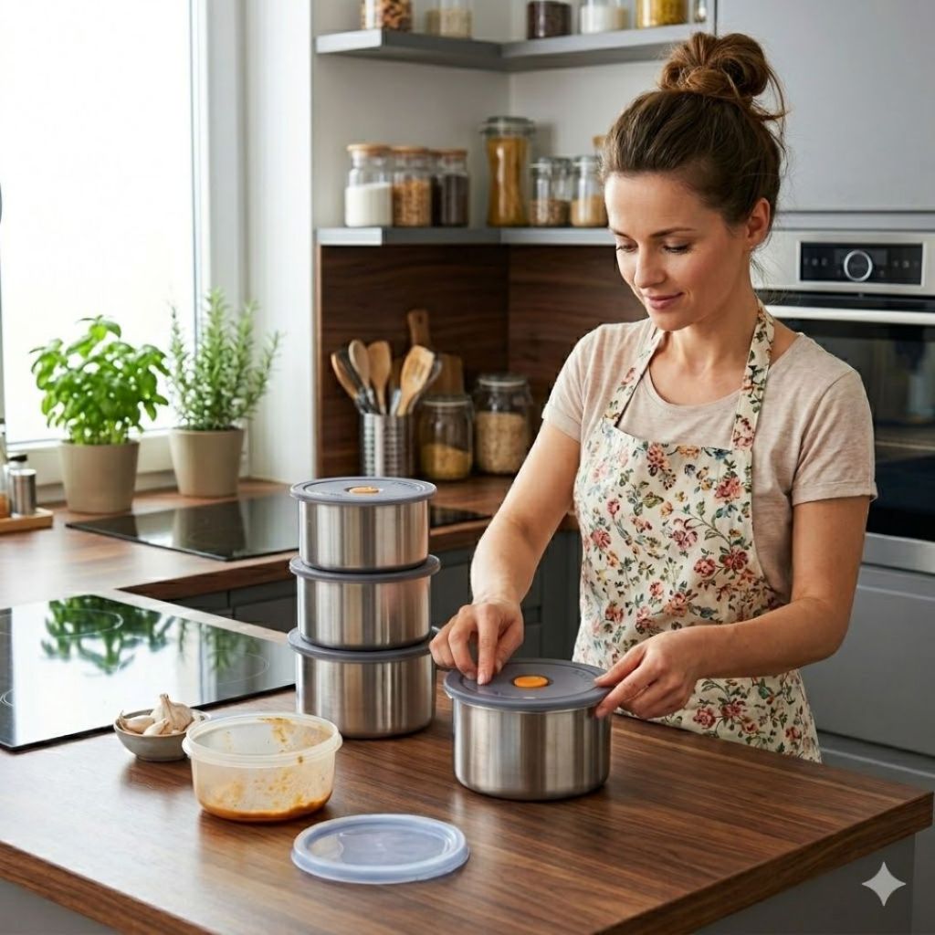 Kit 8 Potes Herméticos Inox 450 ml – Marmita Inox com Tampa, Porta Alimentos, Organizador de Geladeira *SKU: TRC1418