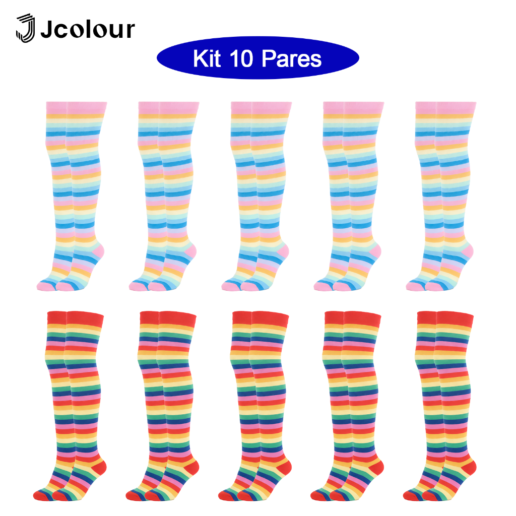 Jcolour Kit 10 Meias Arco-Íris Alta Longa 3/4 Acima do Joelho Colorida Listrada Arco Íris 34-39