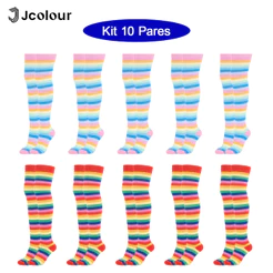 Jcolour Kit 10 Meias Arco-Íris Alta Longa 3/4 Acima do Joelho Colorida Listrada Arco Íris 34-39