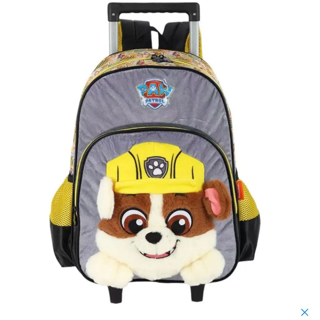 Mochila Patrulha Canina Rodinhas 2 em 1 Infantil 3D Pelúcia 24L Escolar Reforçada com Carrinho