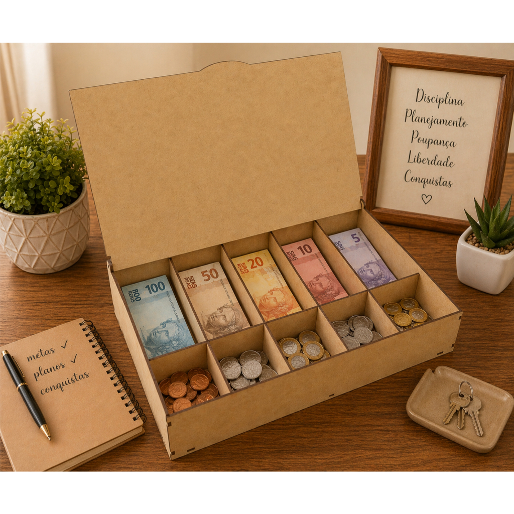 Caixa Organizadora De Dinheiro 5 Divisórias Mdf PROMOÇÃO