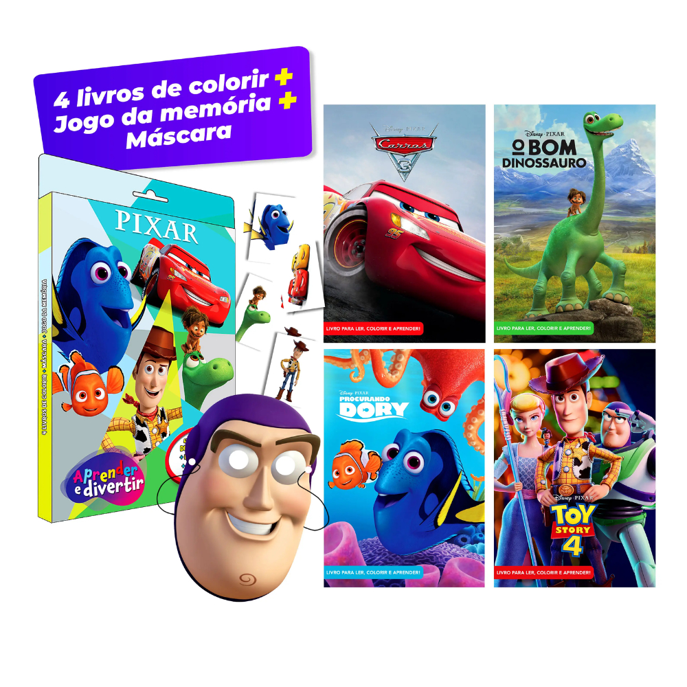 Kit 4 Livros Aprender e Divertir Disney Pixar + Jogo da Memória + Máscara
