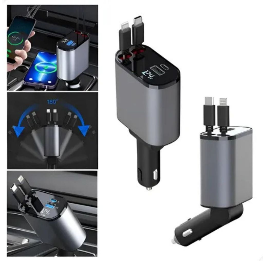 Portátil 4-Em-1 Carregador De Carro Universal Cabo Usb Display Digital Retrátil Adequado Para Telefones Celulares Iphone
