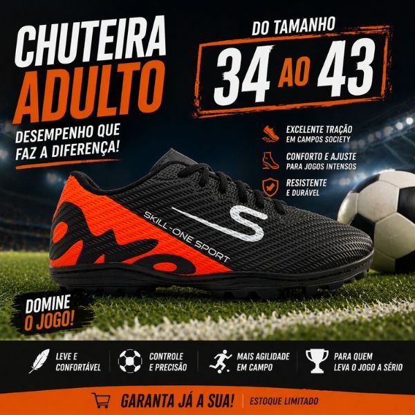 Chuteira Masculina Society do 34 ao 43 Futebol Campo Sintético Trava Baixa Leve Antiderrapante Oferta Top