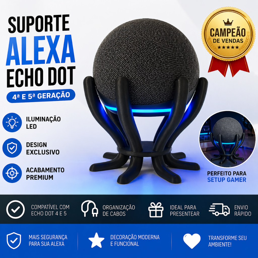 Suporte Alexa Echo Dot 4/5 Futurista | Base Decorativa Gamer | Suporte Caixa de Som Inteligente.