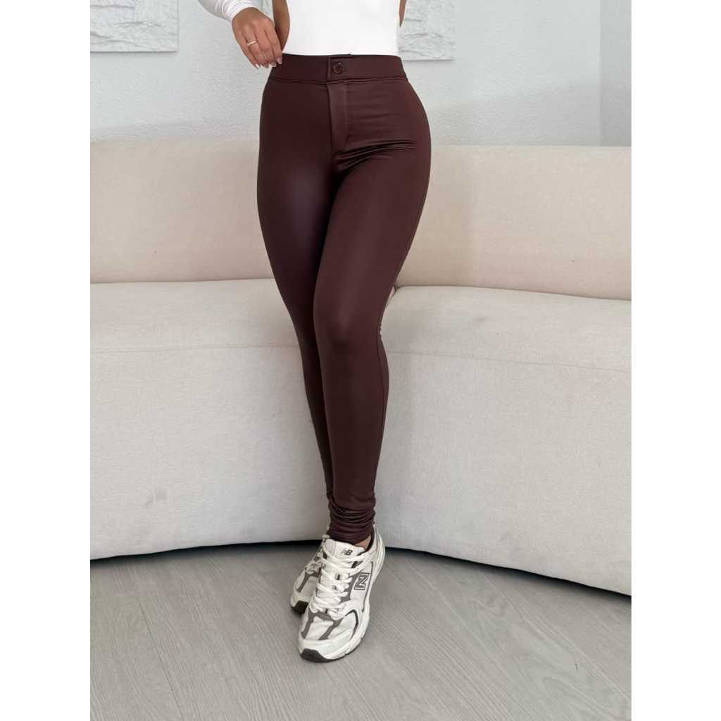 Calça Disco Feminina Preta Skinny Flanelada Cintura Alta Bolsos Laycra Roupa Cirrê Moda Outono Inverno