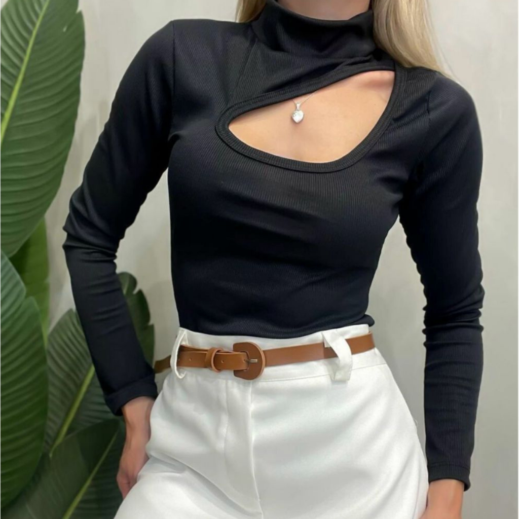Blusa Feminina Canelada Manga Longa com Recorte Decote Elegante Frio Inverno Boho Chic Luxo Moderna.