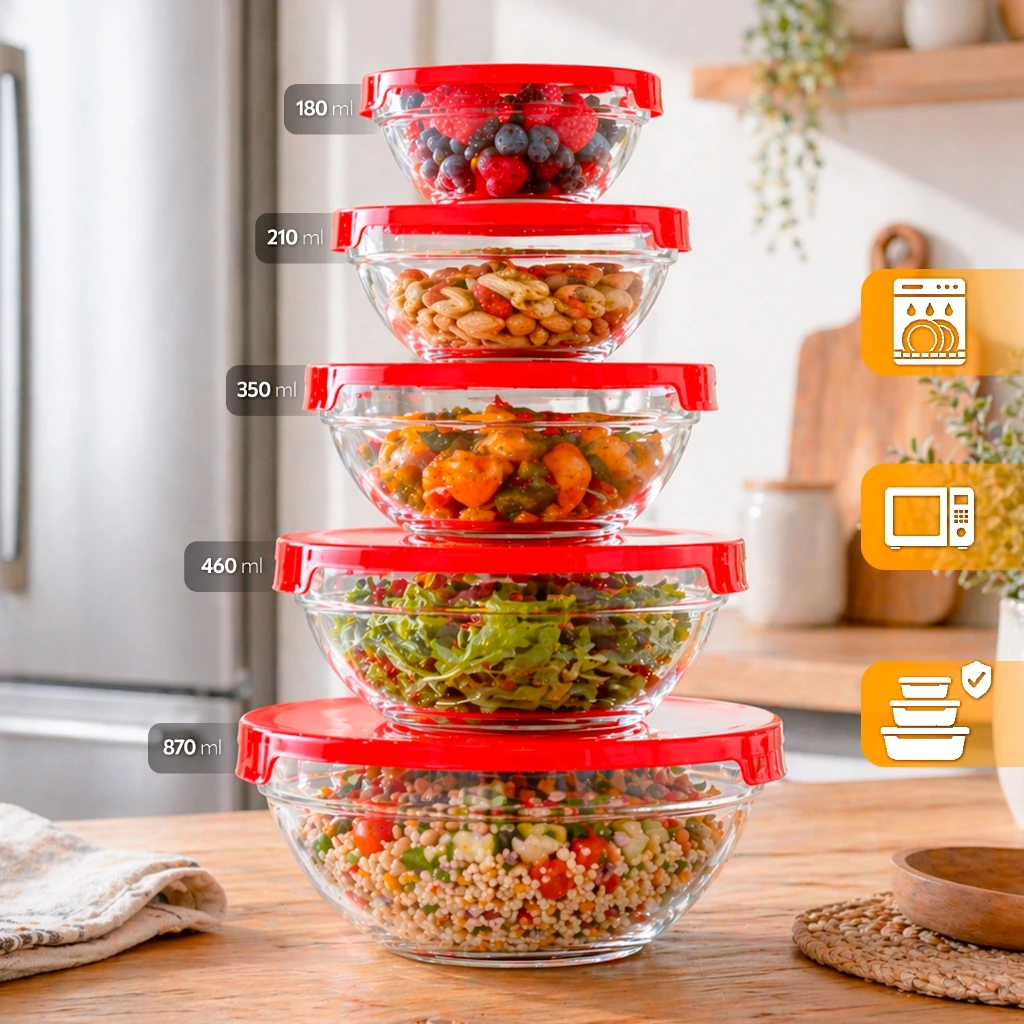 Kit 5 Tigelas de Vidro RedondasTampas Herméticas Potes Cozinha e Armazenamento