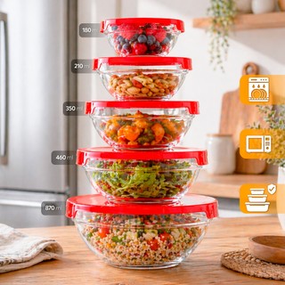 Kit 5 Tigelas de Vidro RedondasTampas Herméticas Potes Cozinha e Armazenamento