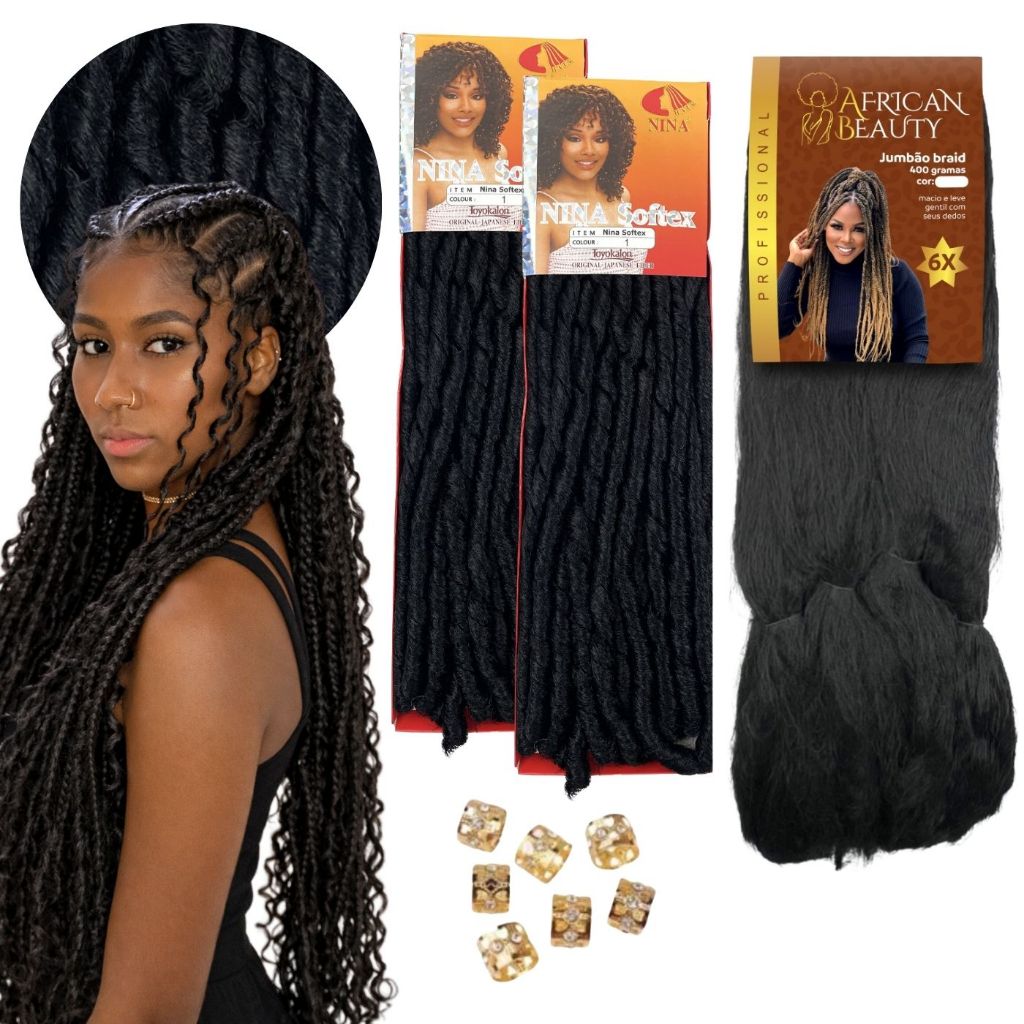 Kit Crochet 2 Nina Softex 100g de Fibra Japonesa + Jumbo African 400g Goddess braids Afro