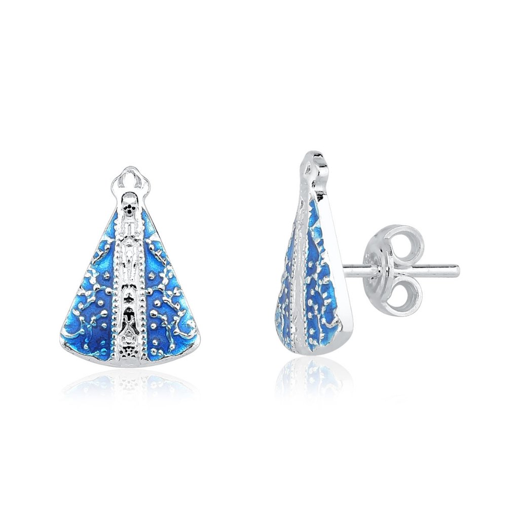 Brincos prata 925 Nossa Senhora Aparecida manto azul