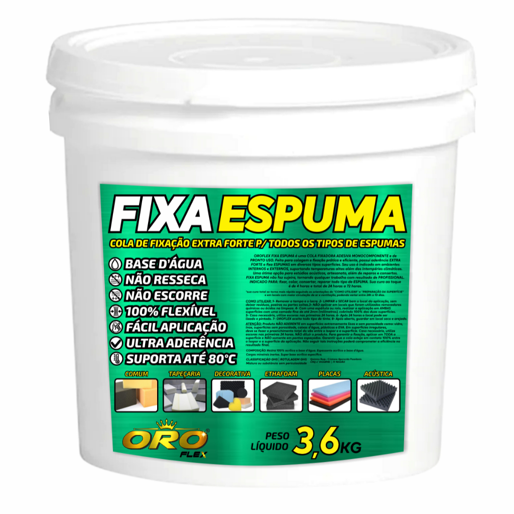 Cola para FIXAR ESPUMA acústicas em paredes, sem cheiro cheiro e secagem rápida OROFLEX 3,6KG CORES