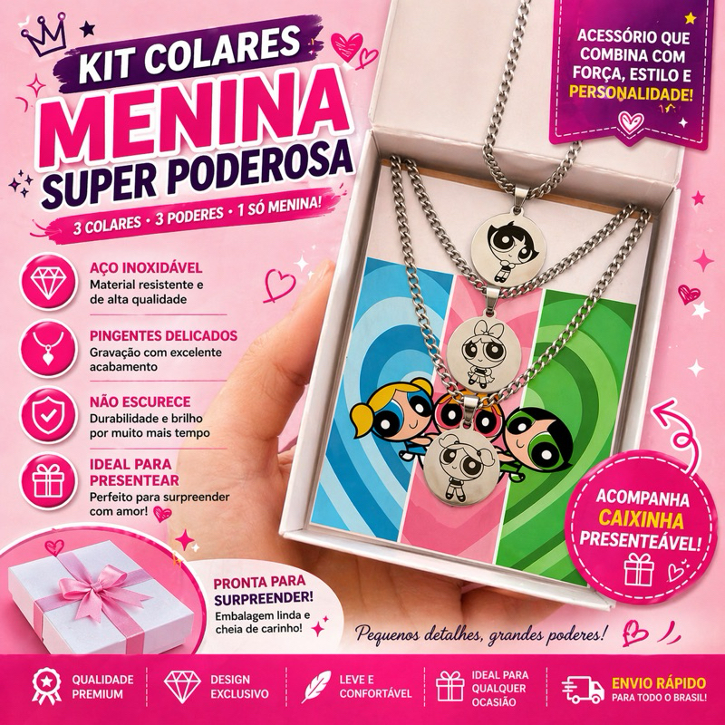 Kit 3 Pulseiras Amizade Meninas Superpoderosas Aço Inox + Gravação Nomes Personalizados BFF Não Escurece
