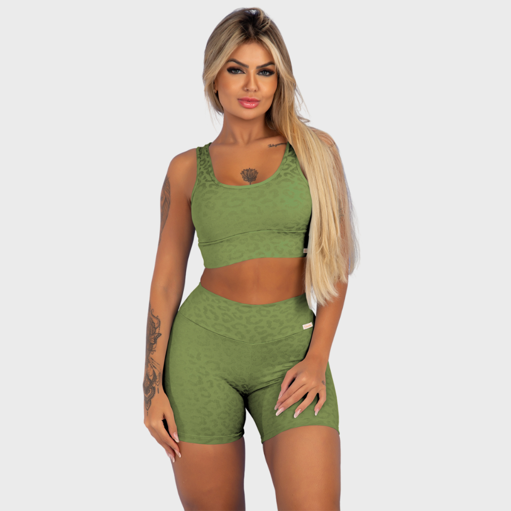 Conjunto Fitness Feminino Top Short Meia Coxa Poliamida Oncinha Zero Transparência Academia Tarelles