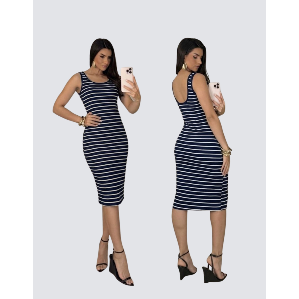 Vestido Midi Canelado Listrado Sem Manga Regata Casual Feminino Tubinho Justo Malha Premium Confortável Moda Inverno 202