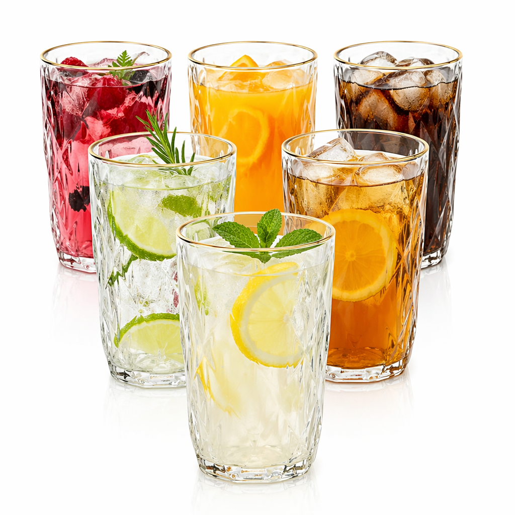 Jogo 6 Copos Vidro Diamond 350ml Fio de Ouro | Kit Luxo Mesa Posta Receber Visitas Água Drinks Borda Dourada