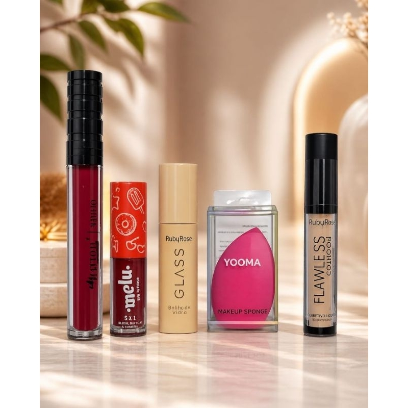Kit Maquiagem Completo Ruby Rose Barato | Rímel Glass + Corretivo Flawless + Batom Matte + Esponja