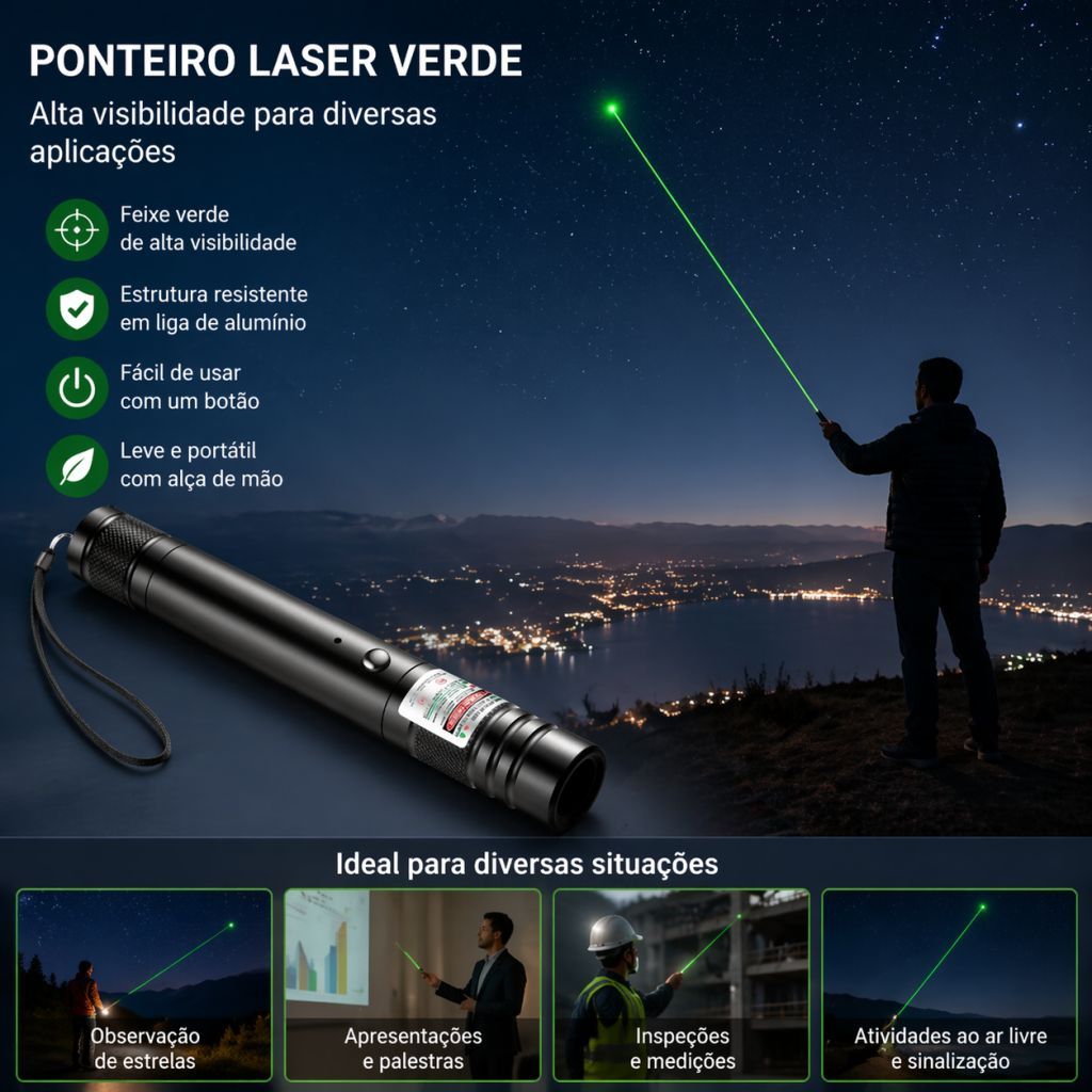KIT 1PCS Caneta Laser Verde Recarregável com Bateria e Chave de Segurança(Preto,1 peça)