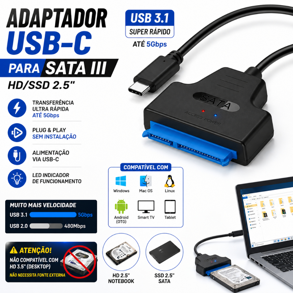 Cabo Adaptador USB-C para SATA 2.5 SSD HD | USB 3.1 Tipo C Alta Velocidade | Conversor HD Notebook Externo
