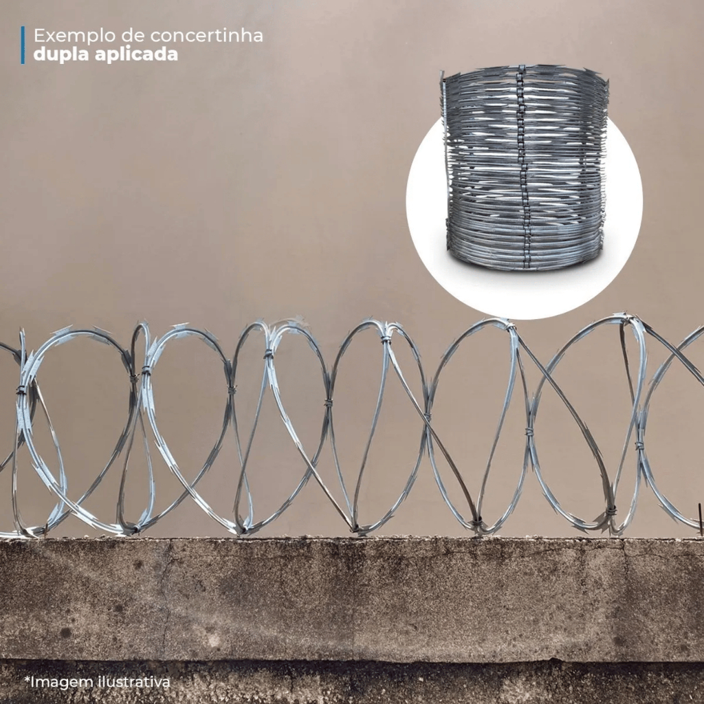 Detalhes do Cerca Concertina Dupla 45cm 12 Metros com Kit Completo Galvalume Segurança Muro Residencial