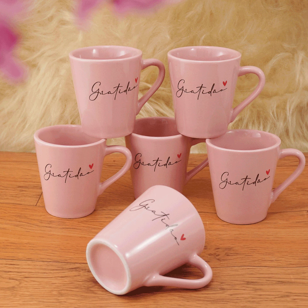 Jogo  Xícaras / Canecas Porcelana Café Chá 120 ml Gratidão Rosa Spot — imagem 1