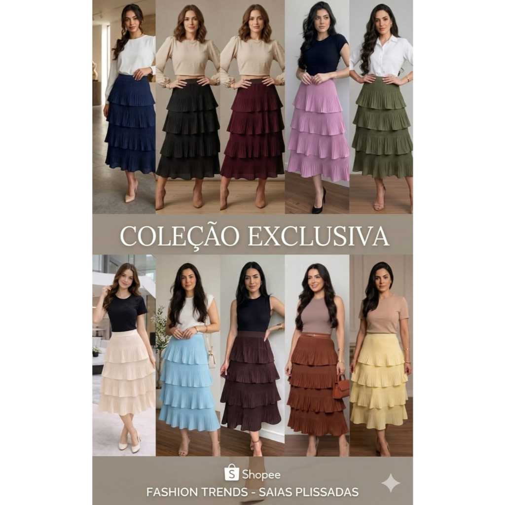 Saia Plissada 4 Camadas Moda Evangélica Social Feminina