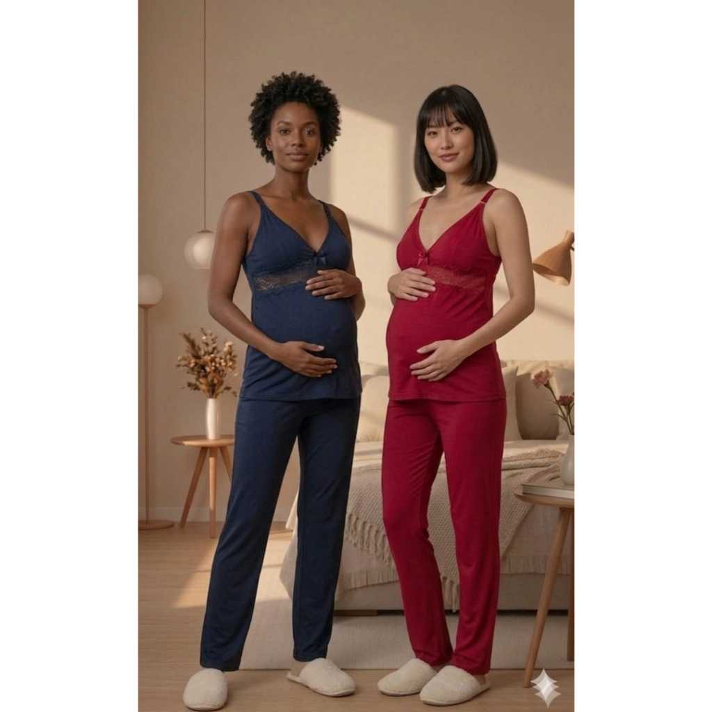 Kit 2 Pijamas Amamentação Pós Parto com renda Blusa Alça Reforçada com Click Roupa Maternidade