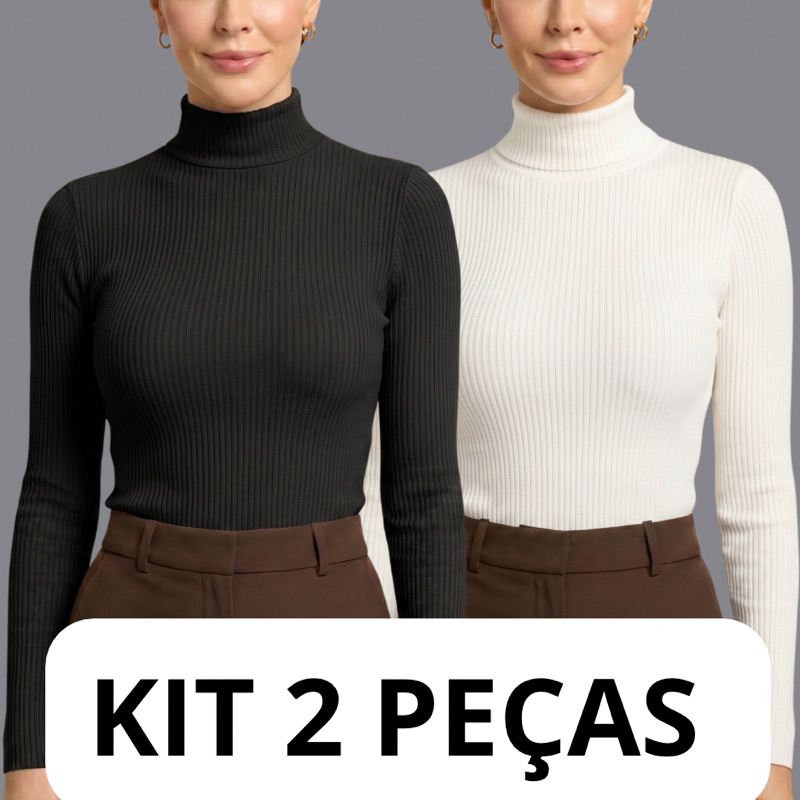 Kit 2 Blusa Feminina Gola Alta Canelada Manga Longa Cacharrel Elegante Para Inverno