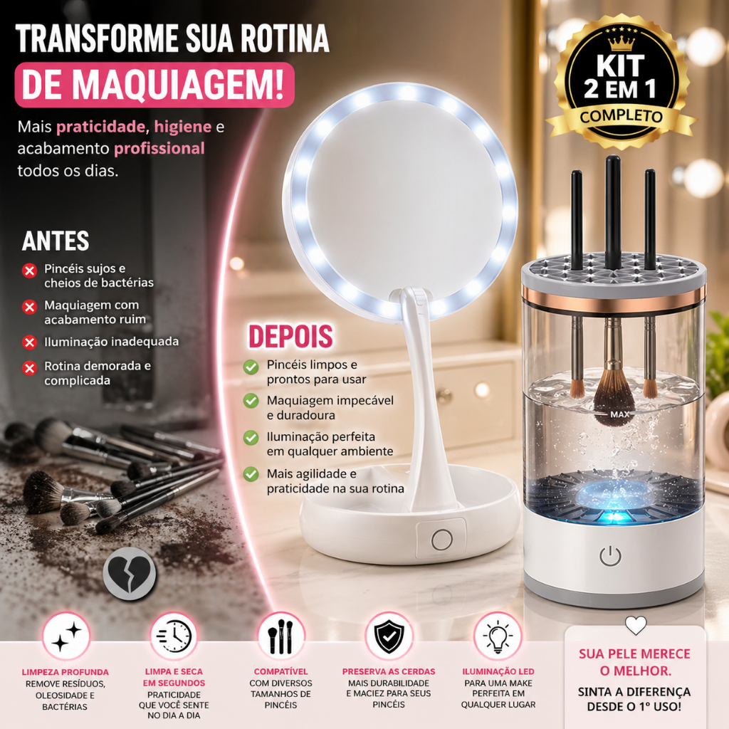 Kit Camarim Em Casa Espelho LED + Lavador De Pincéis Automático Maquiagem Perfeita