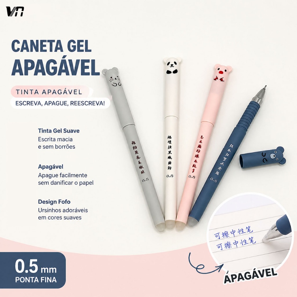 Caneta Gel Apagável Fofa Kit 4 Unidades Animais Ponta 0.5mm Escola Presente XK-MP-1063