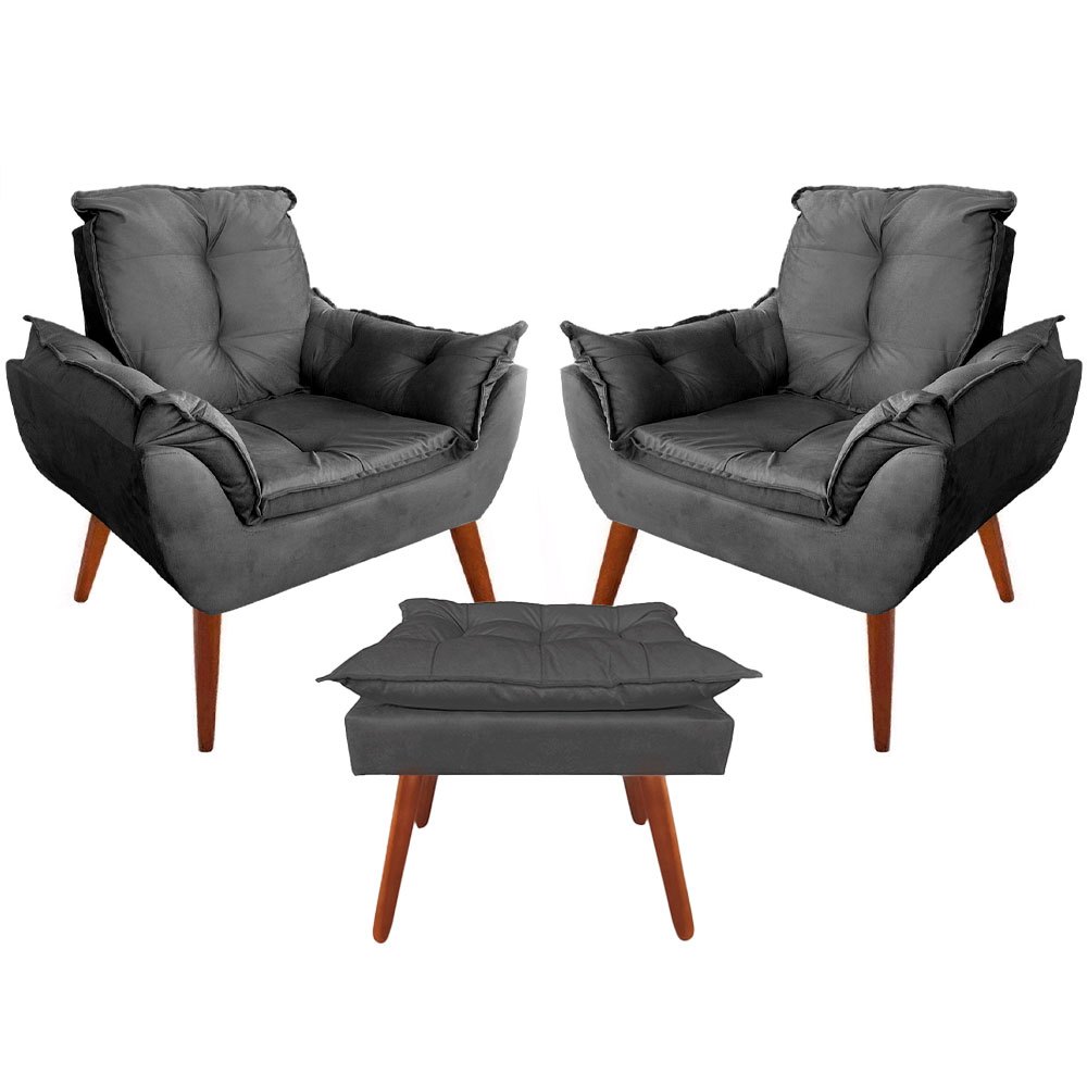 02 Poltronas Cadeira Elegante + Puff Confortável Para Escritório - Decore Lar