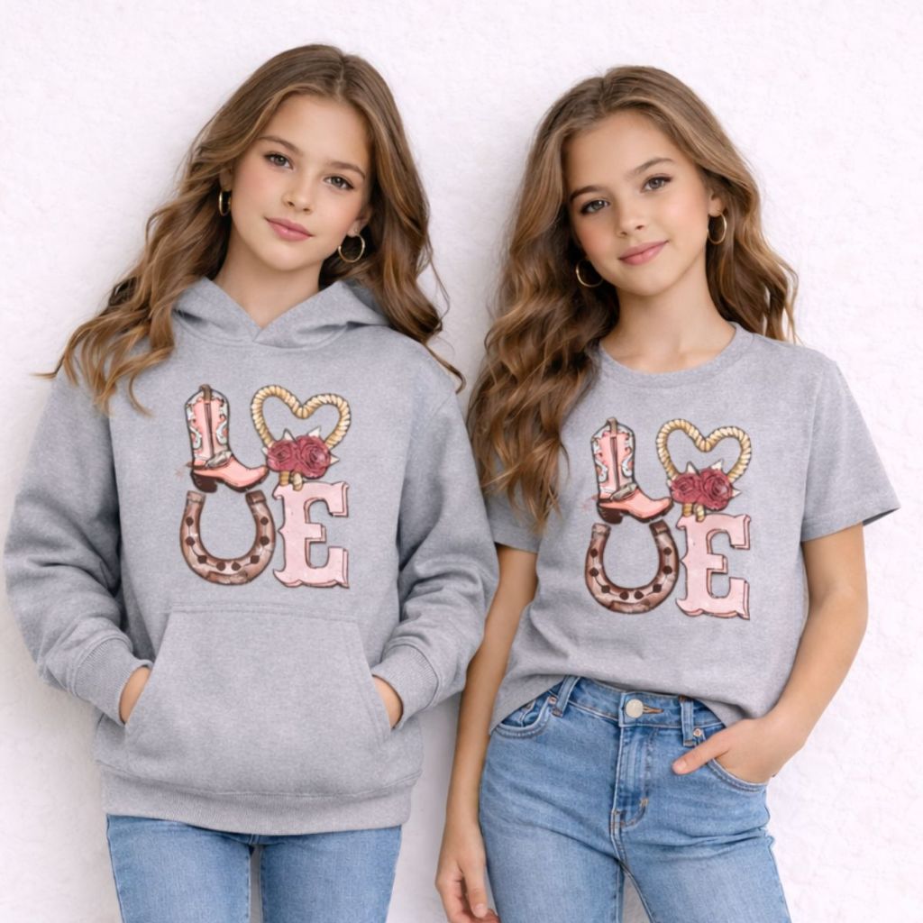 Conjunto Country Menina Moletom Capuz + Camiseta Estampa  Western Fashion Infantil infantil Tendência Outono Inverno