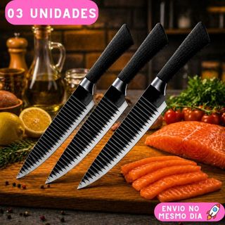 Kit 3 Faca Super Afiada Shark 8" Aço Inox Profissional para Peixe Carne Legumes Sushi