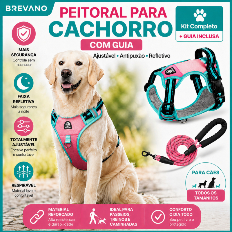 Peitoral para Cachorro Ajustável com Guia Refletivo Antipuxão Segurança Noturna Confortável Ideal para Passeio Caminhada