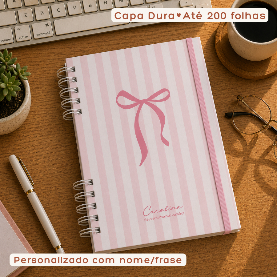 Caderno de Anotações Personalizado Nome na Capa 100 Folhas Capa Dura Feminino Laços Rosa Vintage Coquette Pautado A5