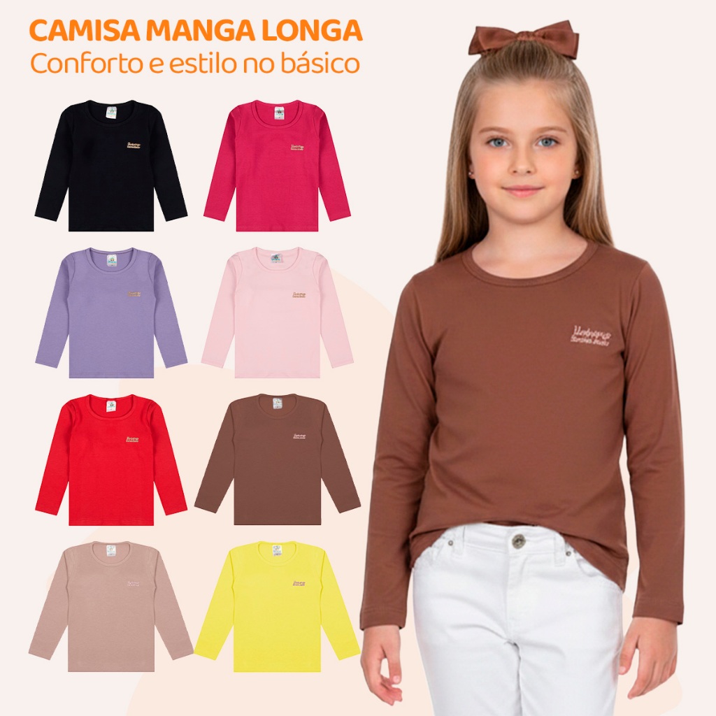 Kit 3 ou 5 Blusas Manga Longa Infantil Bebê Menina Algodão Lisa Feminino Inverno Quentinho de Frio