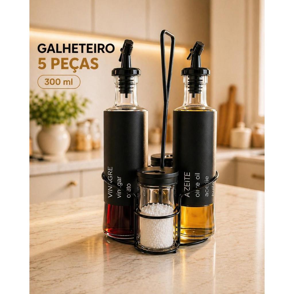 Galheteiro 5 Peças Vidro 300ml Azeite Vinagre Bico Dosador Porta Condimento Suporte em aço