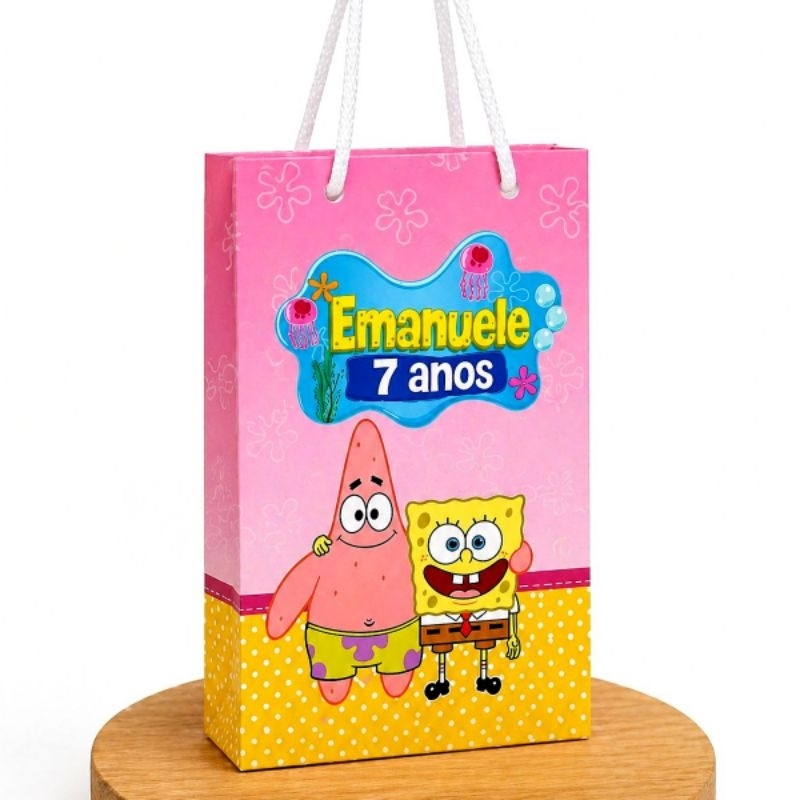 Sacolinha Personalizada Bob Esponja Rosa | Lembrancinha | Envio Desmontadas | Pequena (16,5x10x3,5cm)