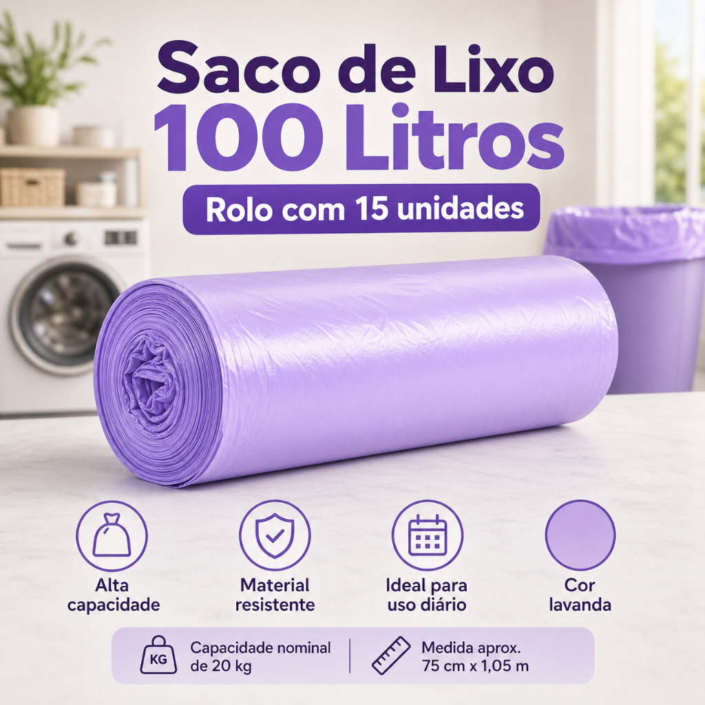 Saco de Lixo 100L Lavanda Perfumado Reforçado Neutraliza Odores 105x75 Alta Resistência