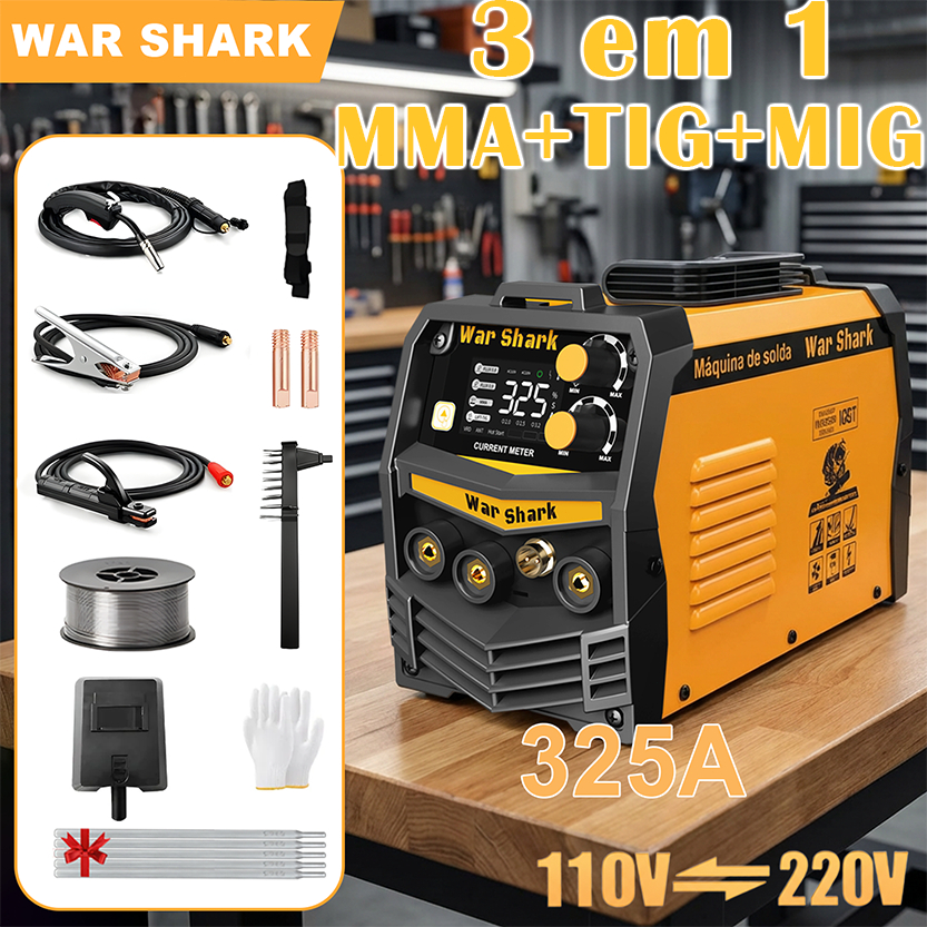 325A  MMA+TIG+MIG 3 em 1/ 200A  MMA+TIG 2 em 1  Máquina Solda Inversora Sem Gás Com Tampa Para LCD 110v-220v War Shark