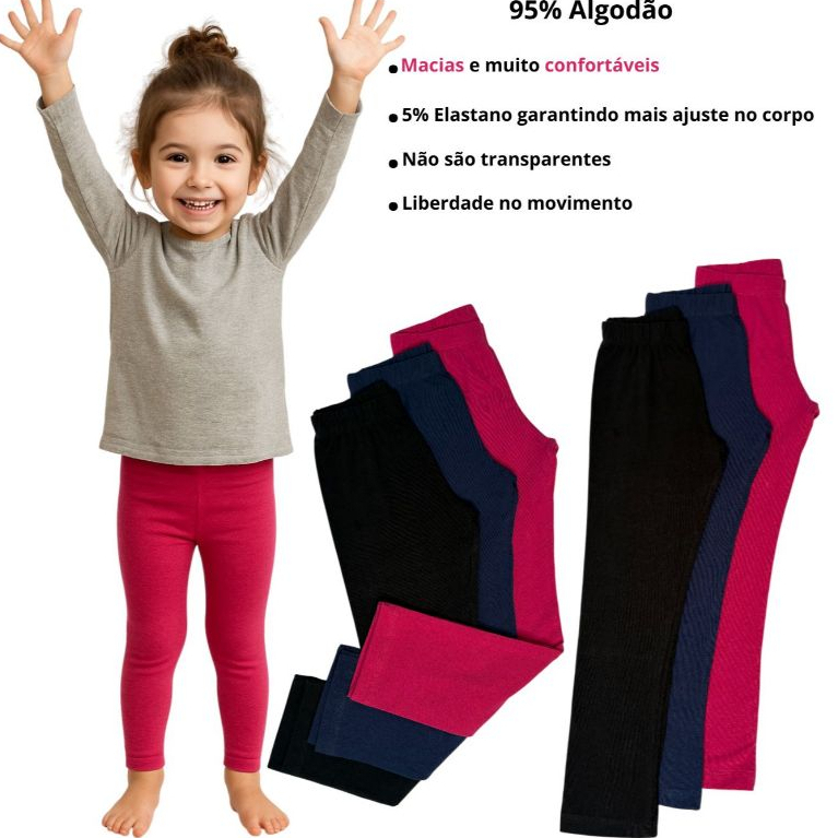 Calça Legging Infantil Lisa Confortável Uniforme Roupa De Menina Frio Elastano Feminina do 1 ao 14