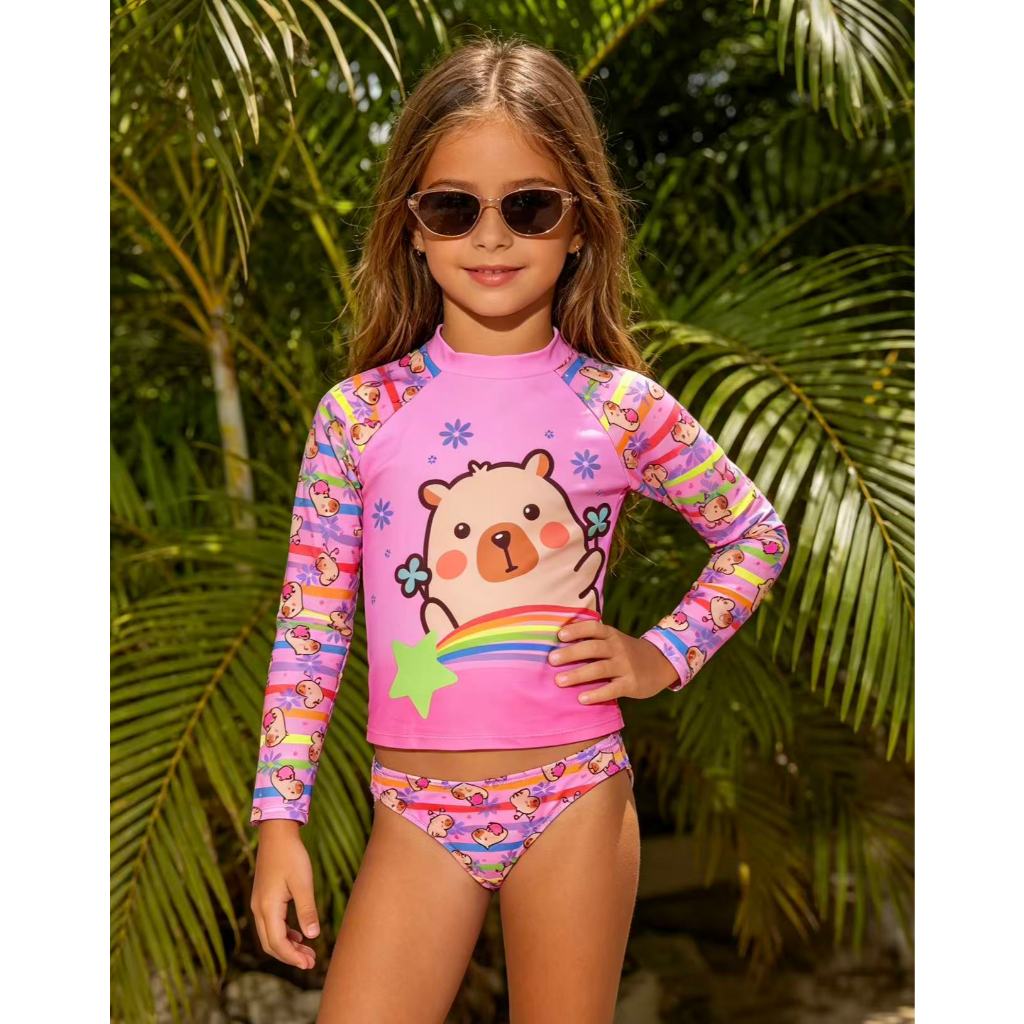 Biquíni Infantil Manga Longa Estampado de Capivara Conjunto Praia e Piscina Confortável