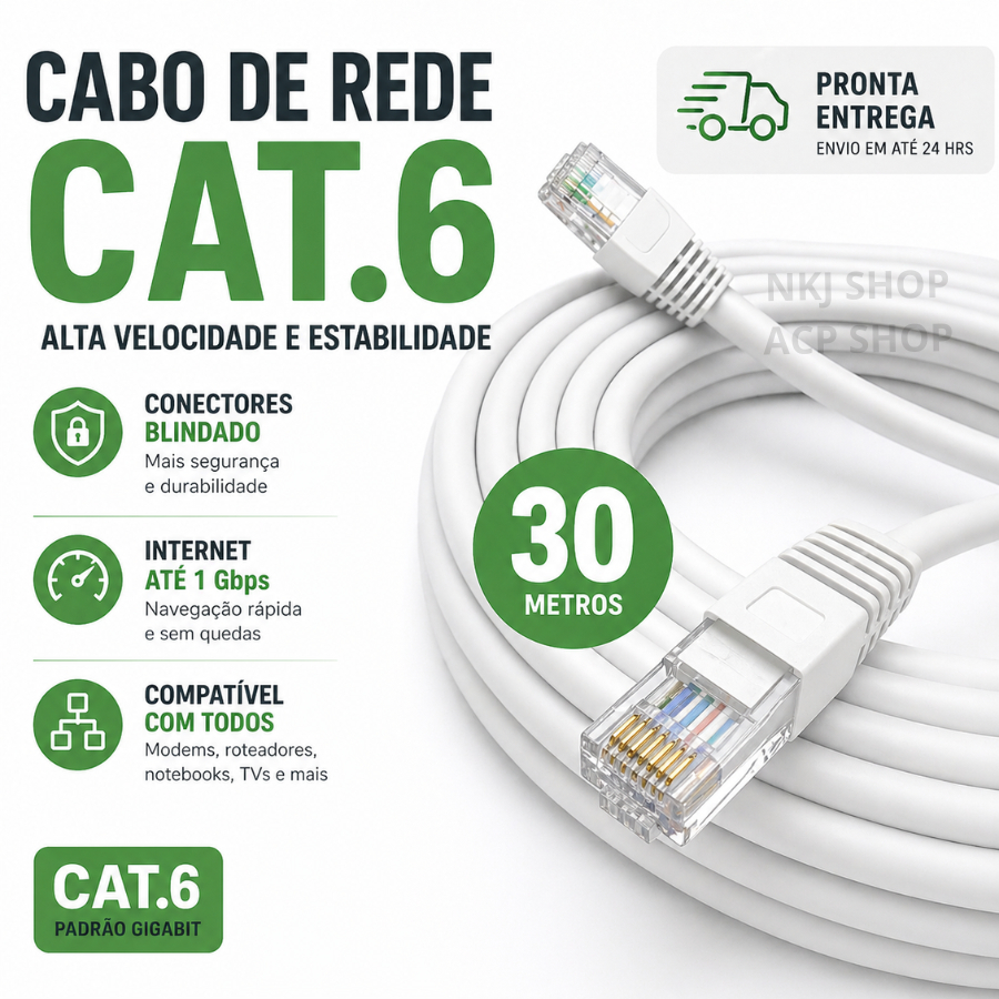 Cabo de Rede CAT6 Gigabit Internet RJ45 Ethernet Blindado Internet Alta Velocidade - Pronto para Uso 5M 10M 15M 30M