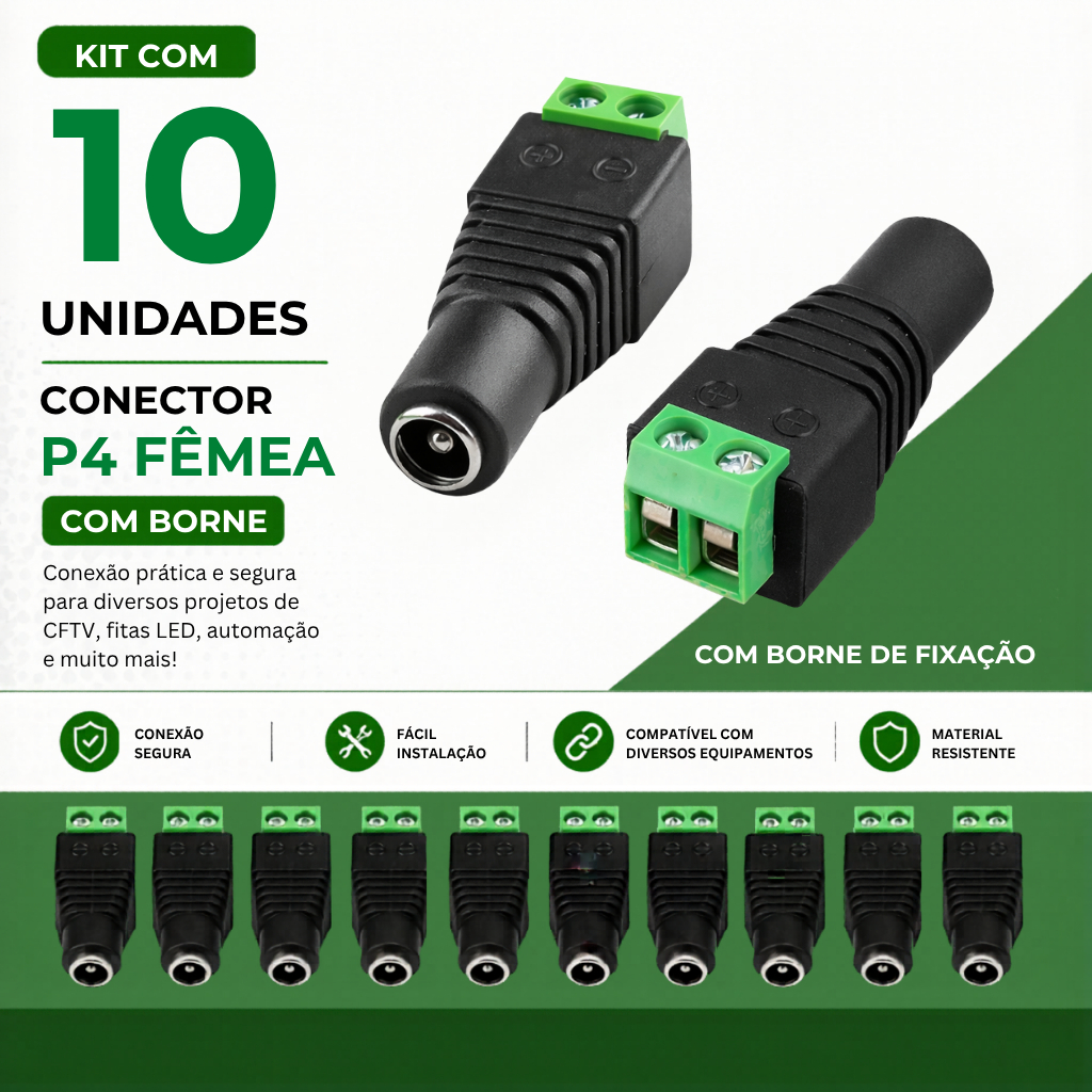 10 Conector Plug P4 Femea Borne Fonte Cftv Fita Led Camera