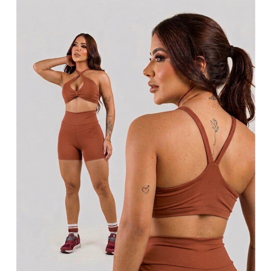 Conjunto de Top + Short de Treino Marrom Feminino Academia Cintura Alta Caminhada Corrida Crossfit Sem Transparência