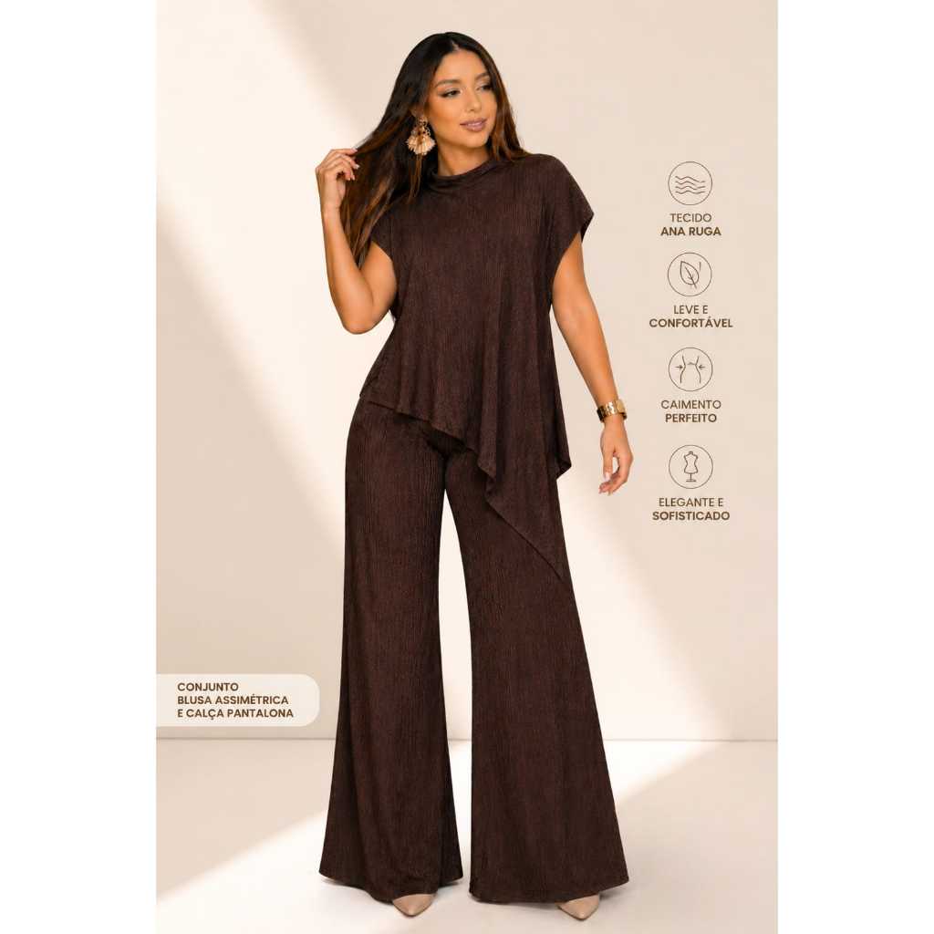 Conjunto Feminino Ana Ruga Pantalona Blusa Assimétrica Gola Alta Elegante Confortável Premium