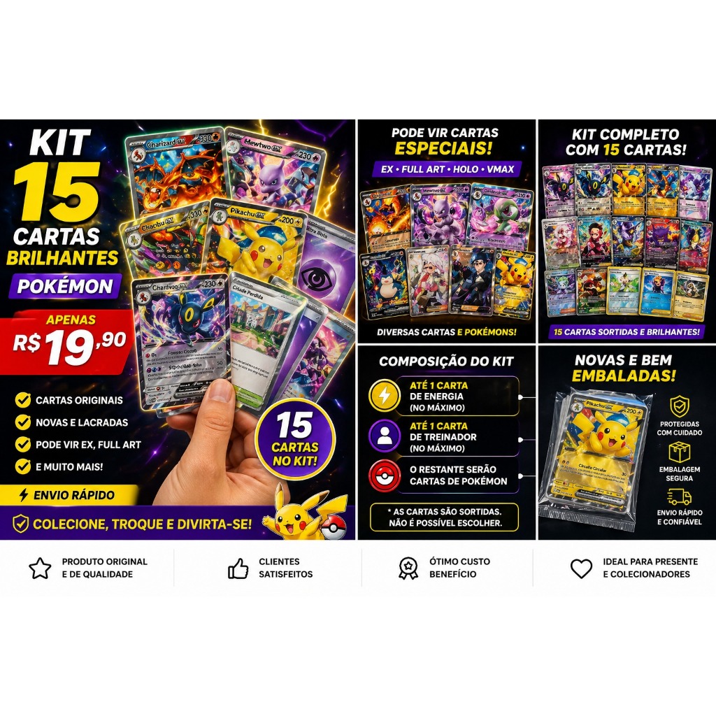 15 Cartas Pokémon Holográficas Sortidas + Chance EX/Full Art | Lacradas · foto 2