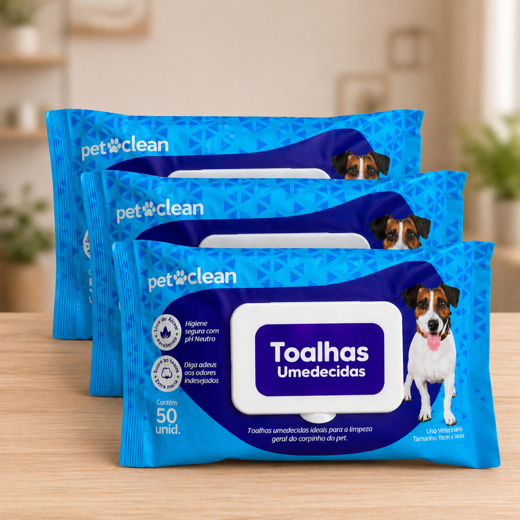 Pet Clean Toalhas Umedecidas para Cães e Gatos, Kit com 3 Pacotes, 50 Unidades cada